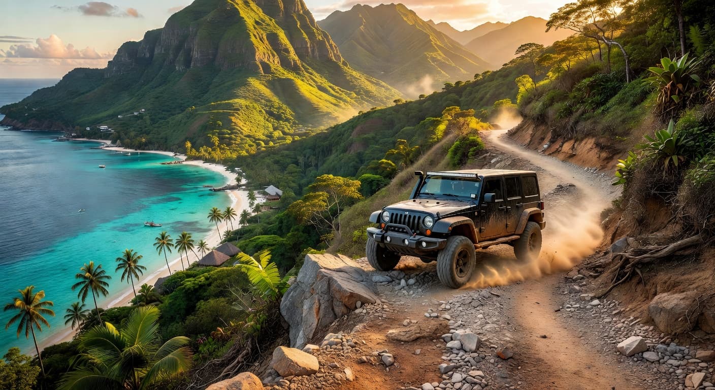 Jeep Wrangler on mountain trail in Grenada