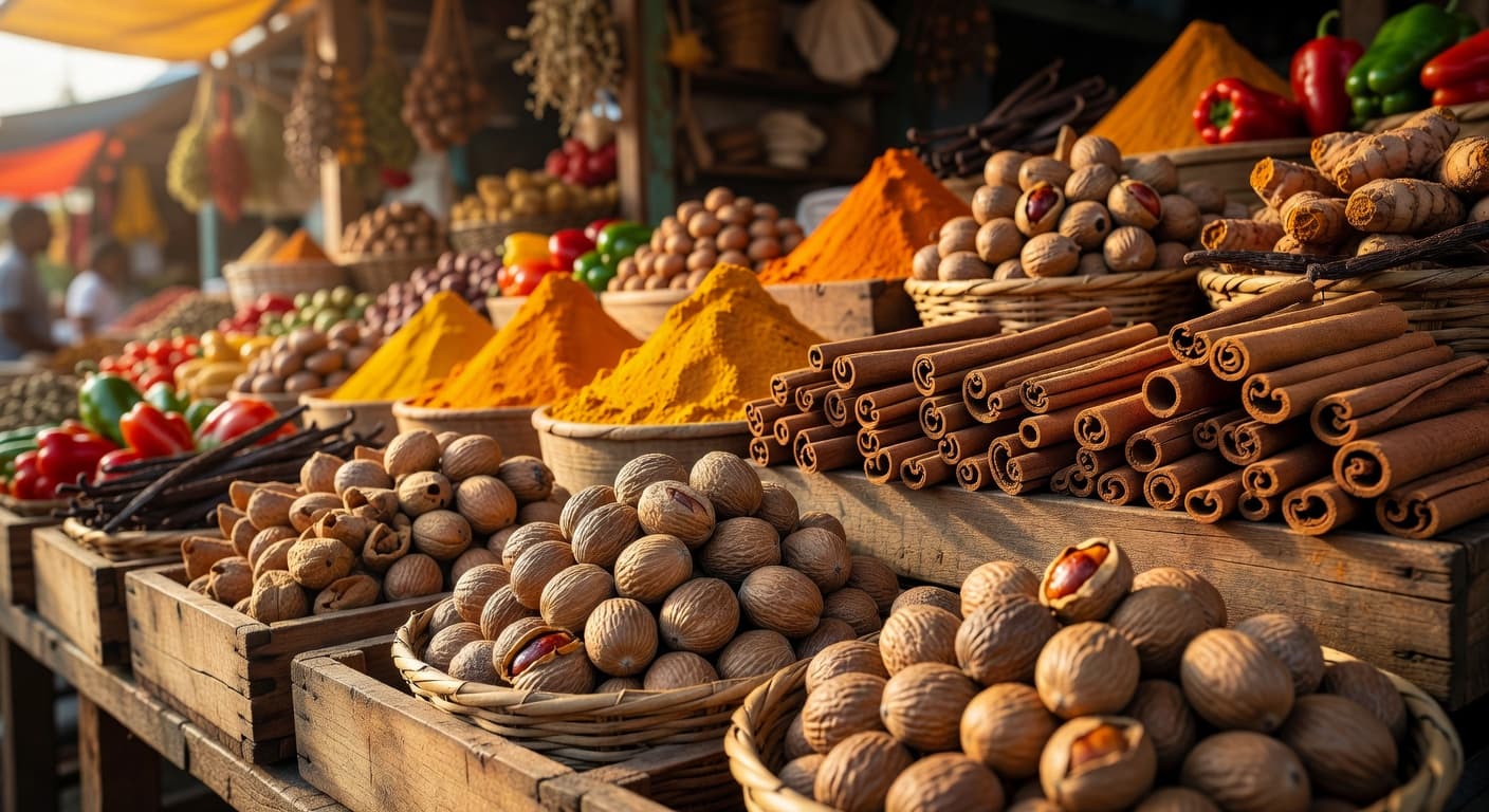 Grenadian spice market with fresh nutmeg