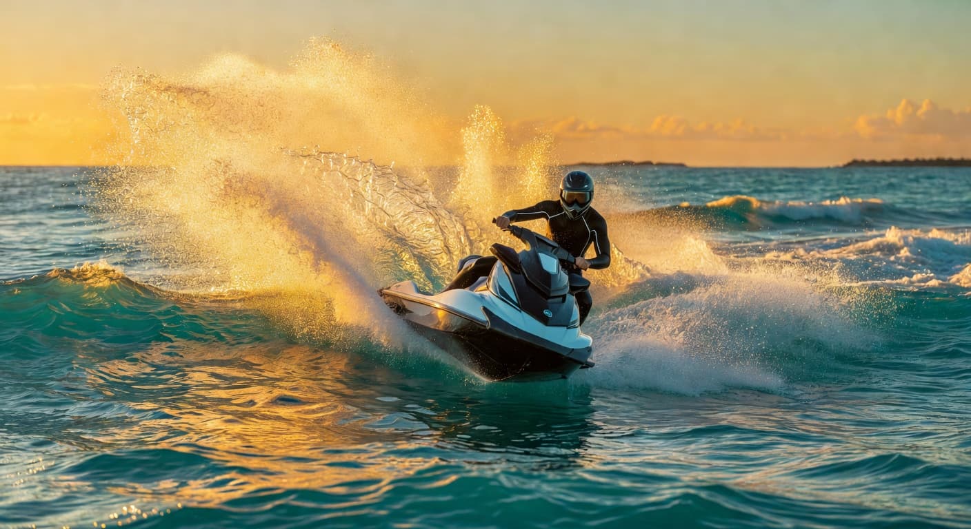 Jet ski cutting through waves at sunset