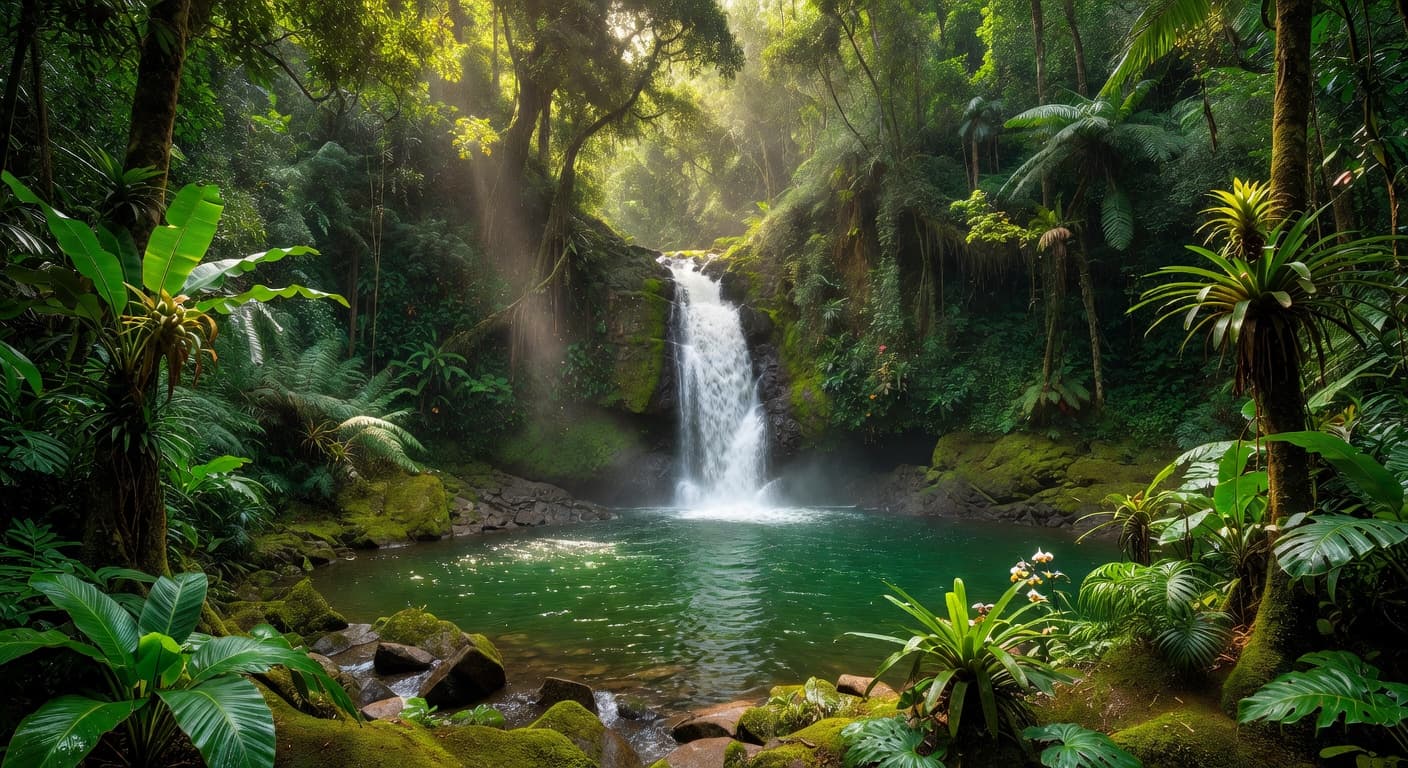 Lush rainforest waterfall in Grenada