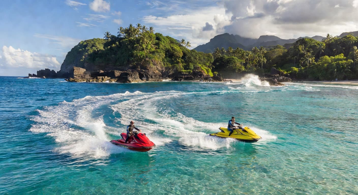 Jet ski riders viewing dramatic Grenada coastline from the ocean