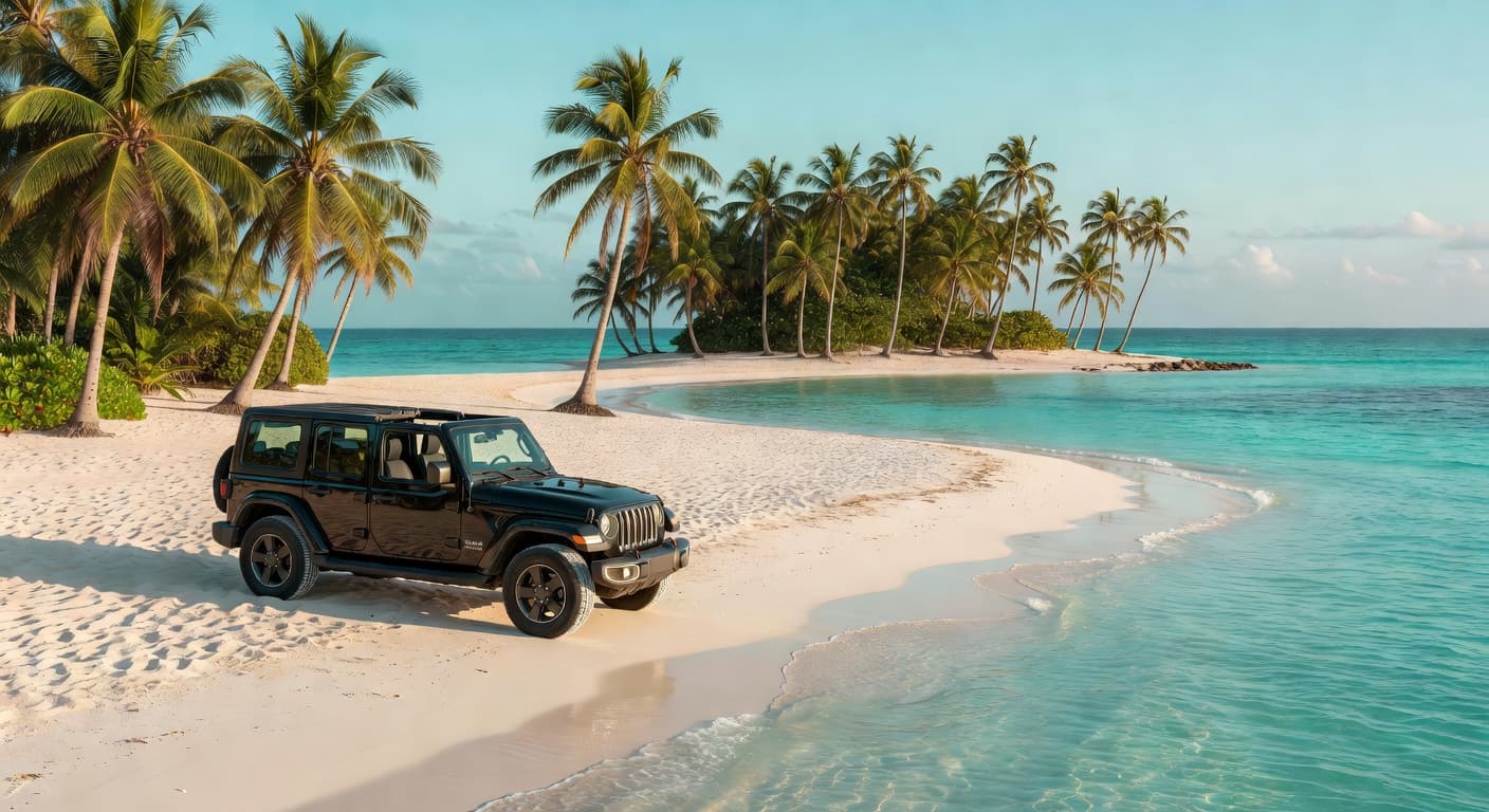 Private Jeep Wrangler parked at a secluded Grenada beach