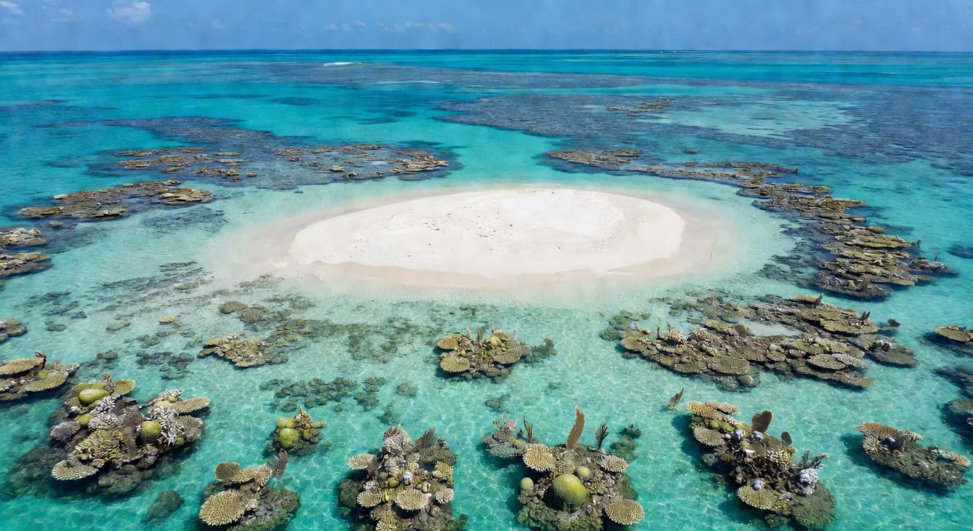 Tiny sandy island surrounded by turquoise Caribbean waters