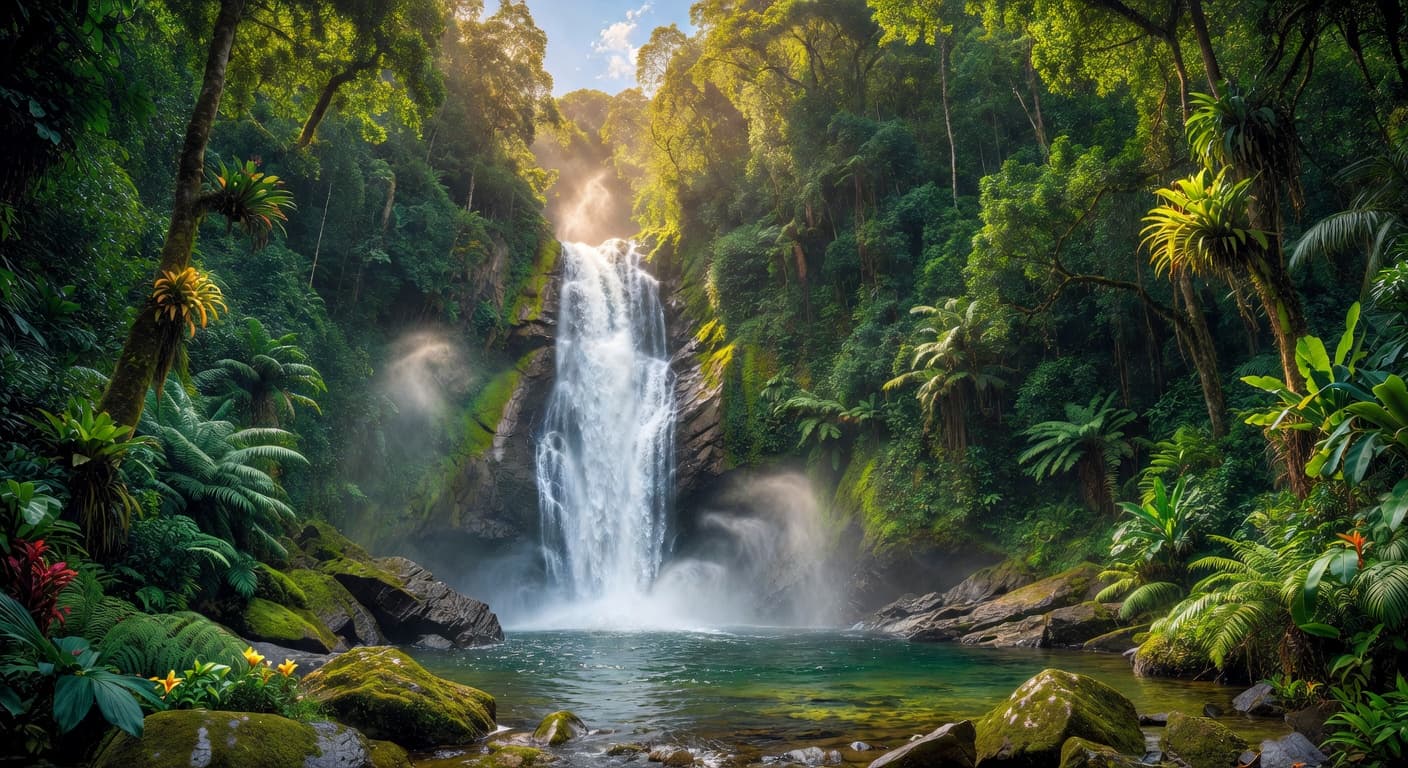 Seven Sisters waterfall cascading through lush Grenadian jungle