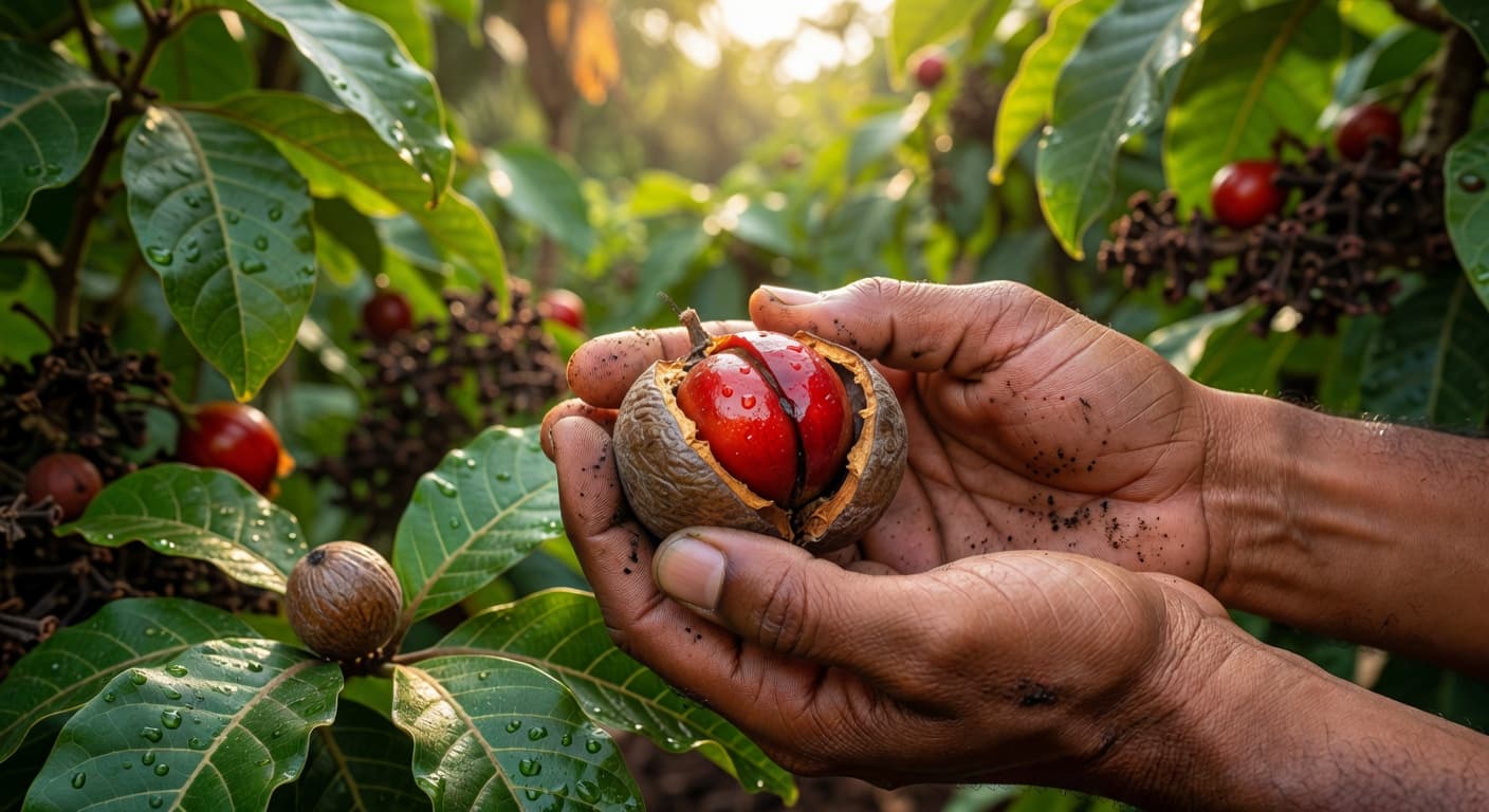Fresh nutmeg and spices at a Grenadian plantation