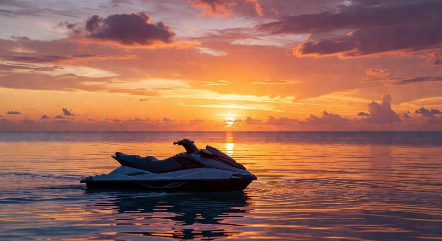 Jet ski silhouetted against golden Caribbean sunset