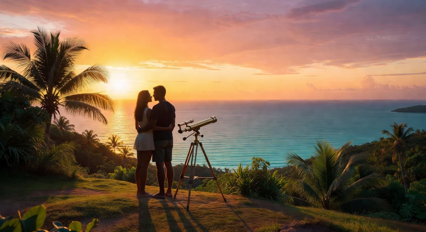 Couple watching sunset over the Caribbean in Grenada
