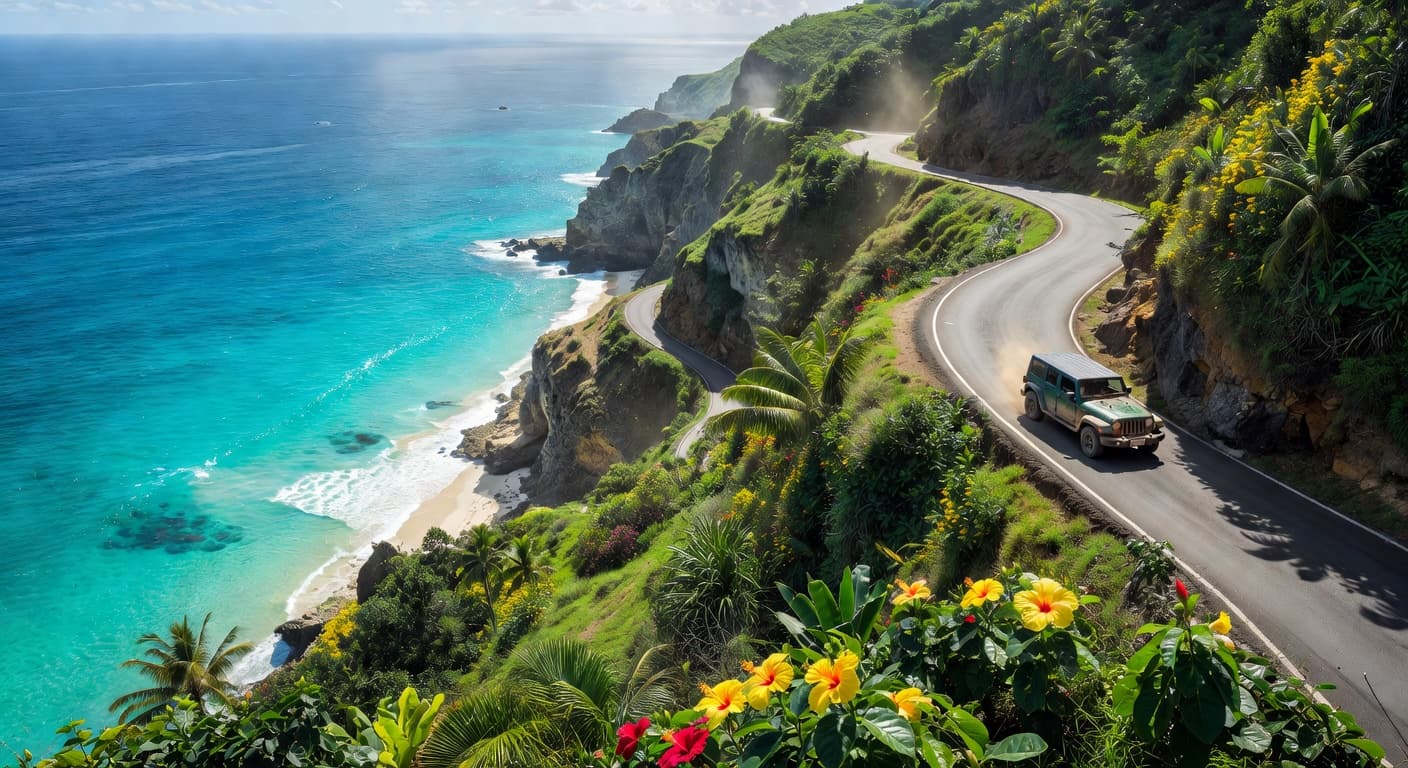Jeep Wrangler navigating a jungle road in Grenada